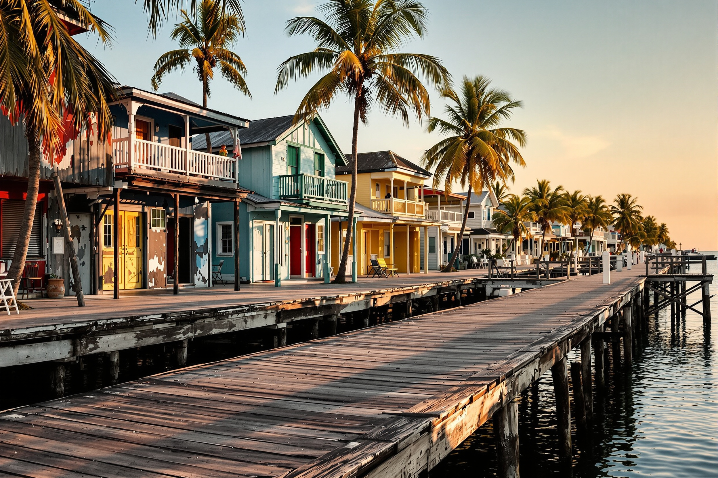Belize City waterfront with colourful timber houses along a calm Caribbean seafront