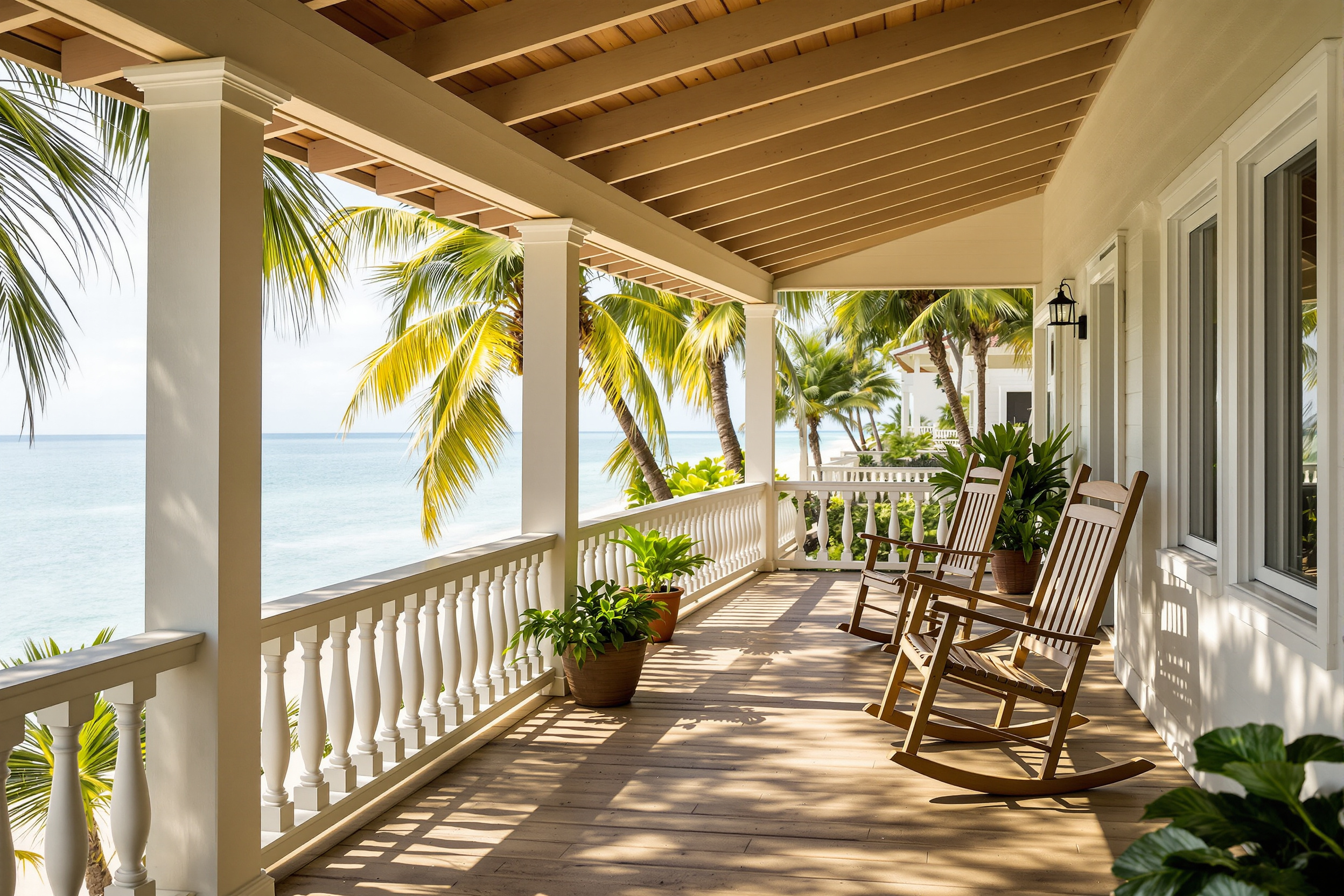 A shaded veranda with wooden chairs facing a calm Caribbean sea