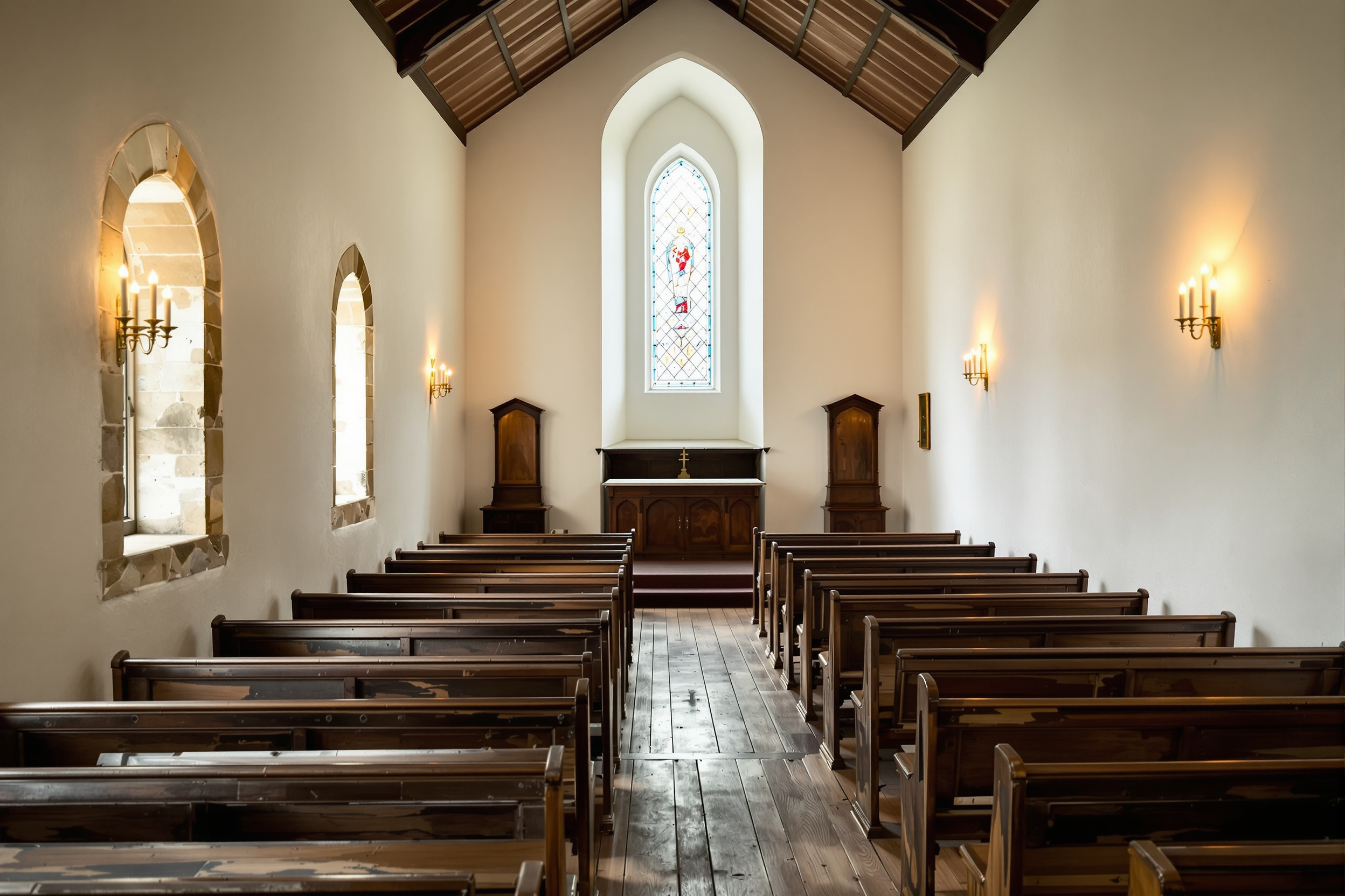 Quiet interior of a small historic chapel with candlelight and wooden pews
