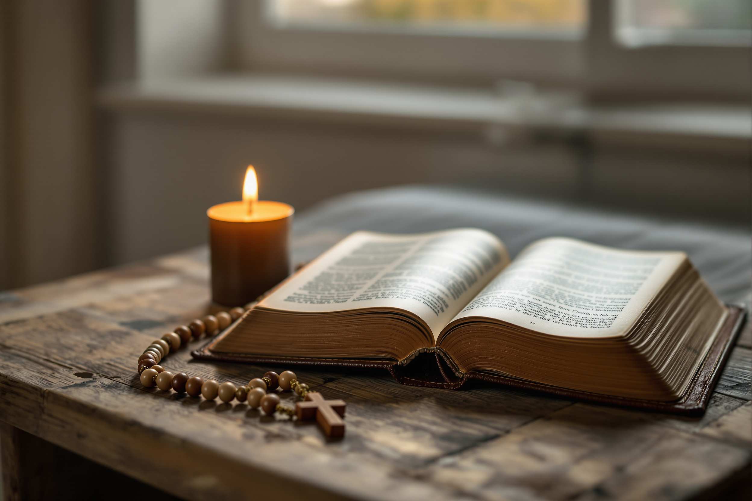 An open antique book beside a candle and rosary on a wooden table