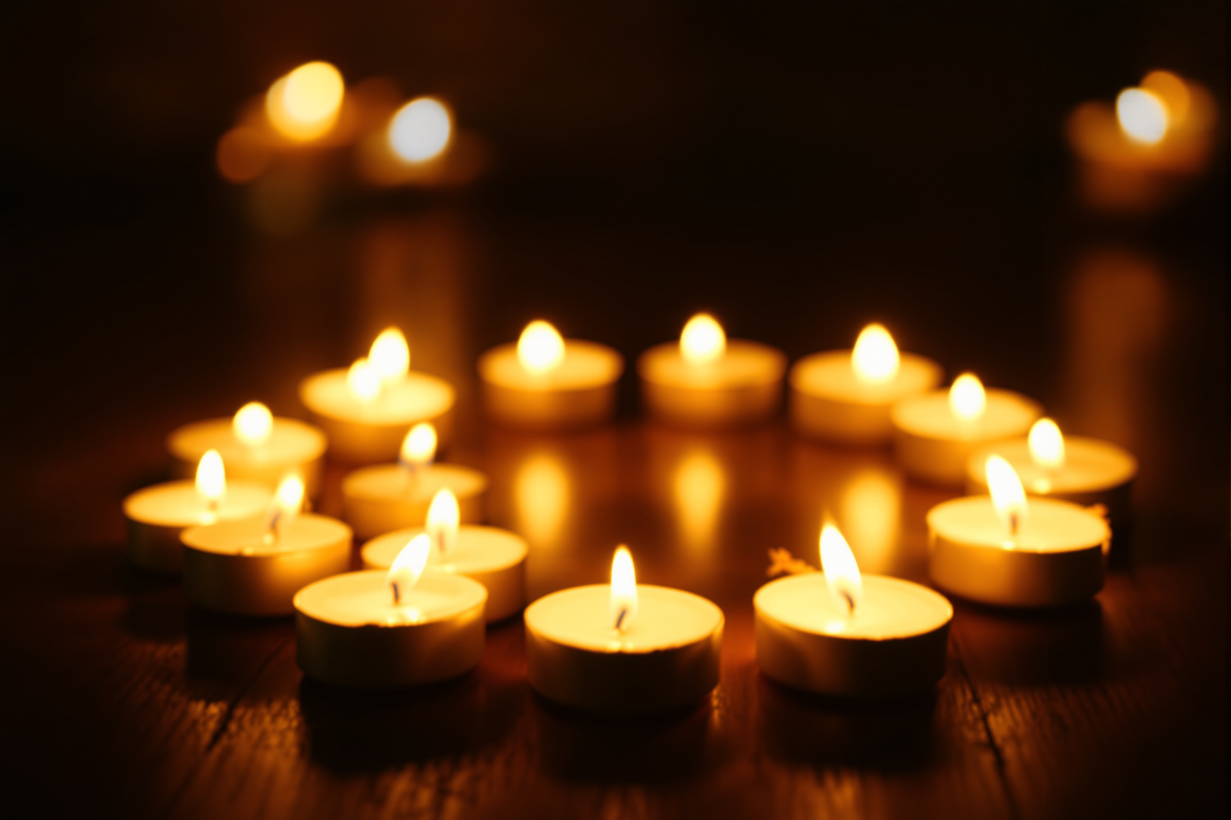 A circle of lit candles glowing on a dark wooden table