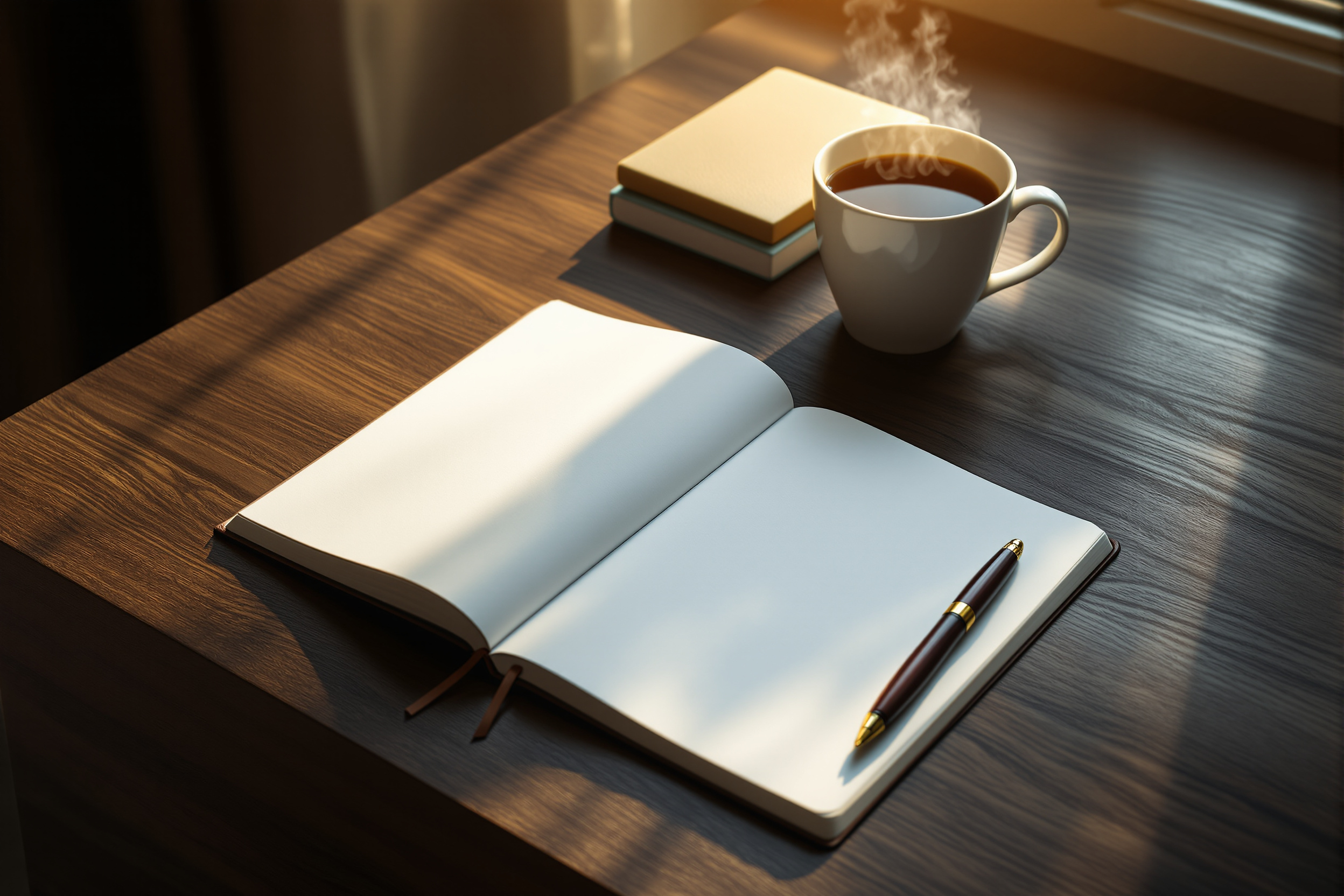 A journal, pen, books and tea on a wooden desk by a sunlit window