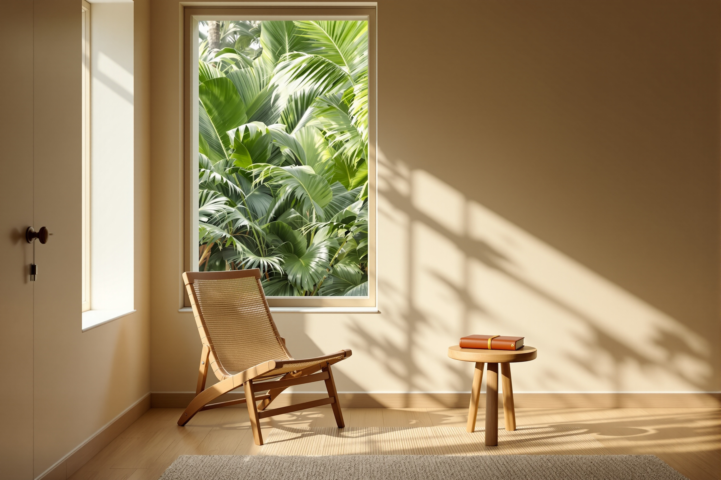 A quiet retreat room with a single chair by a window overlooking tropical greenery